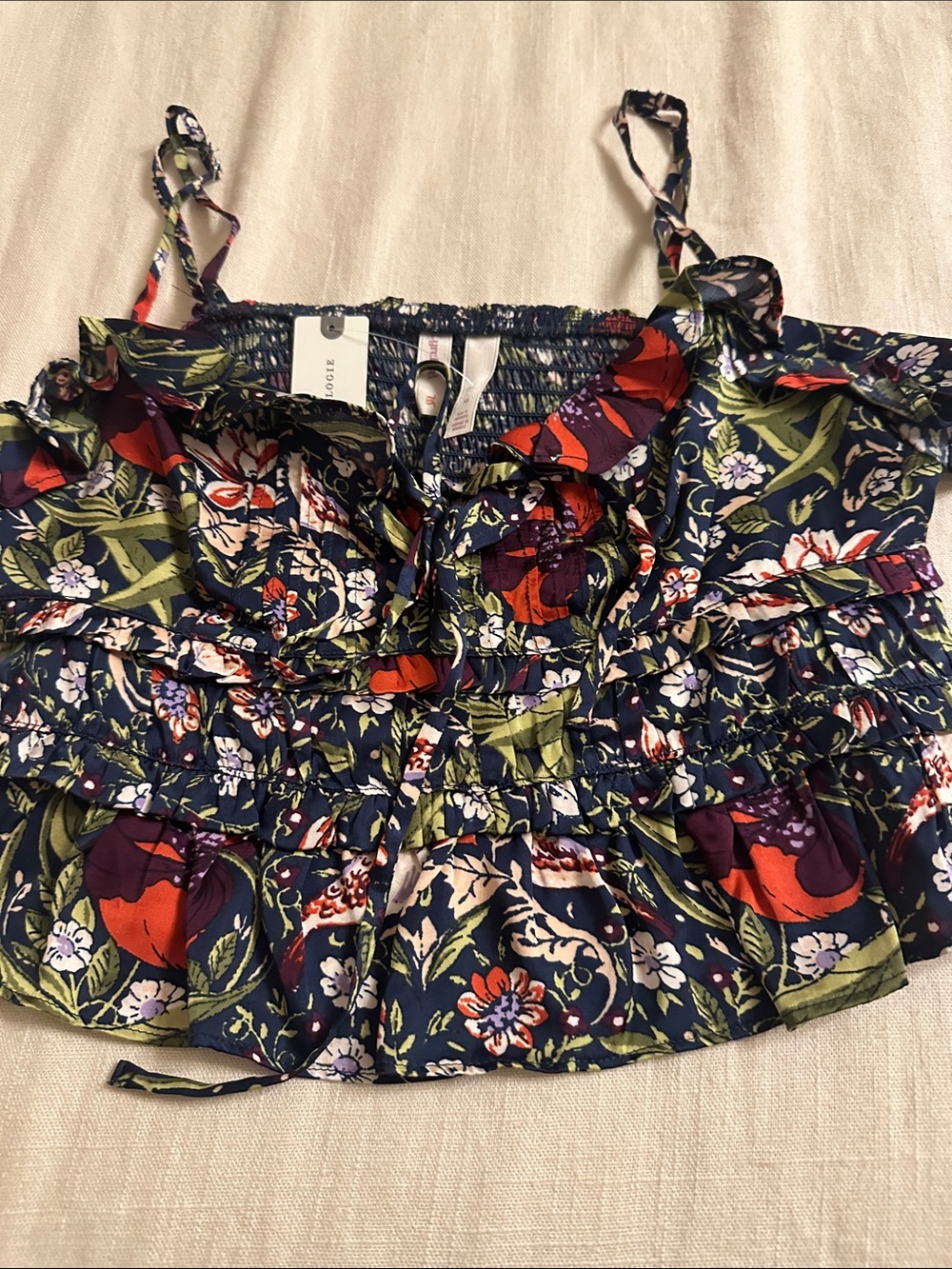 Anthropologie Navy Floral Ruffle Camisole with Red & Green Accents